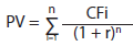 PV = 	  n  Σ  i=1 CFi  (1 + r)n