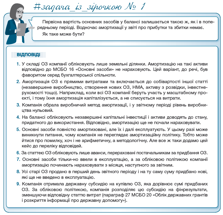   Первісна вартість основних засобів у балансі залишається такою ж, як і в попередньому періоді. Водночас амортизації у звіті про прибутки та збитки немає.  Як таке може бути?   1. У складі ОЗ компанії обліковують лише земельні ділянки. Амортизацію на такі активи відповідно до МСБО 16 «Основні засоби» не нараховують. Цей варіант, до речі, був фаворитом серед бухгалтерської спільноти.  2. Амортизація ОЗ є прямими витратами та включається до собівартості іншої статті (незавершене виробництво, створення нових ОЗ, НМА, активу з розвідки, інвестнерухомості тощо). Наприклад, коли всі ОЗ компанії беруть участь у масштабному проєкті, і тому їхня амортизація капіталізується, а не списується на витрати.  3. Компанія обрала виробничий метод амортизації, і у звітному періоді рівень виробництва нульовий.  4. На балансі обліковують незавершені капітальні інвестиції і активи доводять до стану, придатного до використання. Відповідно, амортизацію ще не почали нараховувати.  5. Основні засоби повністю амортизовані, але їх і далі експлуатують. У цьому разі може виникнути питання, чому компанія не переглядає амортизаційну політику. Тобто може йтися про помилку, хоч і не арифметичну, а методологічну. Але все ж таки додамо цей кейс до переліку відповідей.  6. За статтею ОЗ обліковують лише аванси, перераховані постачальникам за придбання ОЗ.  7. Основні засоби тільки-но ввели в експлуатацію, а за обліковою політикою компанії амортизацію починають нараховувати з місяця, наступного за звітним.  8. Усі старі ОЗ продано в перший день звітного періоду і на ту саму суму придбано нові, які ще не введено в експлуатацію.  9. Компанія отримала державну субсидію на купівлю ОЗ, яка дорівнює сумі придбаних ОЗ. За обліковою політикою, компанія розподіляє цю субсидію на фінрезультати, зменшуючи відповідну статтю витрат (параграф 27 МСБО 20 «Облік державних грантів і розкриття інформації про державну допомогу»).