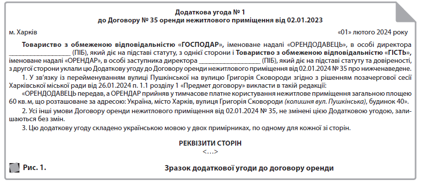 Рис. 1  Додаткова угода № 1  до Договору № 35 оренди нежитлового приміщення від 02.01.2023  м. Харків «01» лютого 2024 року  Товариство з обмеженою відповідальністю «ГОСПОДАР», іменоване надалі «ОРЕНДОДАВЕЦЬ», в особі директора _________________ (ПІБ), який діє на підставі статуту, з однієї сторони i Товариство з обмеженою відповідальністю «ГІСТЬ», іменоване надалі «ОРЕНДАР», в особі заступника директора _________________ (ПІБ), який діє на підставі статуту та довіреності, з другої сторони уклали цю Додаткову угоду до Договору оренди нежитлового приміщення від 02.01.2024 № 35 про нижченаведене.  1. У зв’язку із перейменуванням вулиці Пушкінської на вулицю Григорія Сковороди згідно з рішенням позачергової сесії Харківської міської ради від 26.01.2024 п. 1.1 розділу 1 «Предмет договору» викласти в такій редакції:  «ОРЕНДОДАВЕЦЬ передав, а ОРЕНДАР прийняв у тимчасове платне користування нежитлове приміщення загальною площею 60 кв. м, що розташоване за адресою: Україна, місто Харків, вулиця Григорія Сковороди (колишня вул. Пушкінська), будинок 40».  2. Усі інші умови Договору оренди нежитлового приміщення від 02.01.2024 № 35, не змінені цією Додатковою угодою, залишаються без змін.  3. Цю додаткову угоду складено українською мовою у двох примірниках, по одному для кожної зі сторін.  РЕКВІЗИТИ СТОРІН  <…>