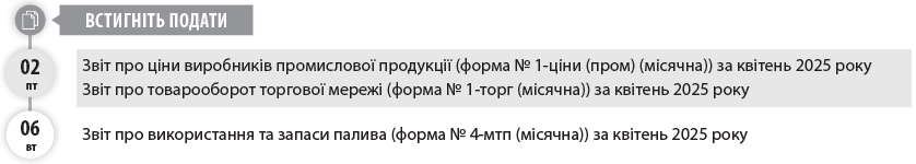   02 пт  06 вт   Встигніть подати  У місяці  22  робочі дні   травень  05  07 ср  08 чт  15 чт  09 пт  12 пн  Встигніть подати  20 вт  23 пт  20 вт  28 ср  30 пт  Встигніть сплатити  Встигніть подати