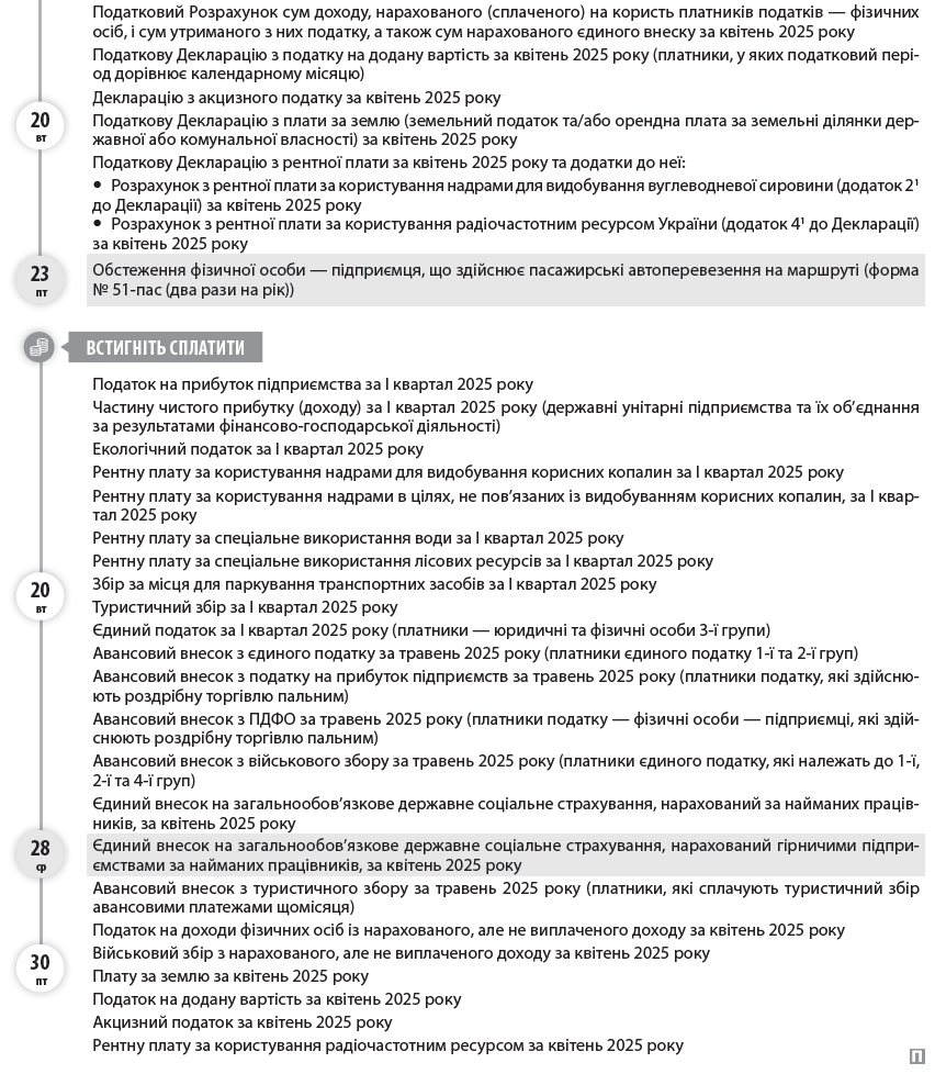 Звіт про ціни виробників промислової продукції (форма № 1-ціни (пром) (місячна)) за квітень 2025 року  Звіт про товарооборот торгової мережі (форма № 1-торг (місячна)) за квітень 2025 року  Звіт про використання та запаси палива (форма № 4-мтп (місячна)) за квітень 2025 року  Звіт про заборгованість з оплати праці (форма № 3-борг (місячна)) за квітень 2025 року  Звіт з праці (форма № 1-ПВ (місячна)) за квітень 2025 року  Звіт про перевезення вантажів та пасажирів автомобільним транспортом (форма № 51-авто (місячна)) за квітень 2025 року  Звіт про обсяги виробництва та обігу (у тому числі імпорту та експорту) спирту (у тому числі біоетанолу), спиртових дистилятів, алкогольних напоїв, тютюнових виробів, рідин, що використовуються в електронних сигаретах (форма № 1-ВП), за квітень 2025 року  Звіт про обсяги обігу (у тому числі імпорту та експорту) спирту (у тому числі біоетанолу), спиртових дистилятів, алкогольних напоїв, тютюнових виробів, рідин, що використовуються в електронних сигаретах (форма № 1-ОП), за квітень 2025 року  Звіт про обсяг оптового товарообороту (форма № 1-опт (місячна)) за квітень 2025 року  Звіт про виробництво промислової продукції за видами (форма № 1-П (місячна)) за квітень 2025 року  Обстеження ділової активності промислового підприємства (форма № 2К-П (місячна)) за травень 2025 року  Податкову Декларацію з податку на прибуток підприємств за I квартал 2025 року (платники, у яких податковий період дорівнює календарному кварталу)  Розрахунок частини чистого прибутку (доходу), дивідендів на державну частку за I квартал 2025 року  Фінансову звітність за I квартал 2025 року до органів ДПСУ (платники податку на прибуток, що звітують щокварталу):      Податкову Декларацію платника єдиного податку — фізичної особи — підприємця за I квартал 2025 року (платники 3-ї групи)     Податкову Декларацію платника єдиного податку — юридичної особи за I квартал 2025 року (платники 3-ї групи)     Податкову Декларацію екологічного податку за I квартал 2025 року     Податкову Декларацію збору за місця для паркування транспортних засобів за I квартал 2025 року     Податкову Декларацію з туристичного збору за I квартал 2025 року     Звіту про економічні показники короткострокової статистики промисловості (форма № 1-ПЕ (місячна)) за квітень 2025 року  Податкову Декларацію з рентної плати за I квартал 2025 року та додатки до неї:      Розрахунок з рентної плати за користування надрами для видобування корисних копалин (додаток 1 до Декларації) за I квартал 2025 року     Розрахунок з рентної плати за користування надрами в цілях, не пов’язаних з видобуванням корисних копалин (додаток 3 до Декларації), за I квартал 2025 року     Розрахунок з рентної плати за спеціальне використання води для потреб гідроенергетики (додаток 7 до Декларації) за I квартал 2025 року     Розрахунок з рентної плати за спеціальне використання води (додаток 5 до Декларації) за I квартал 2025 року     Розрахунок з рентної плати за спеціальне використання лісових ресурсів в частині деревини, заготовленої в порядку рубок головного користування (додаток 8 до Декларації), за I квартал 2025 року     Розрахунок з рентної плати за спеціальне використання лісових ресурсів (крім рентної плати за спеціальне використання лісових ресурсів в частині деревини, заготовленої в порядку рубок головного користування) (додаток 9 до Декларації) за I квартал 2025 року  Звіт про виконання будівельних робіт (форма № 1-кб (місячна)) за квітень 2025 року  Звіт про використання книг обліку розрахункових операцій і розрахункових книжок (форма № ЗВР-1) за квітень 2025 року  Довідку про використані розрахункові книжки за квітень 2025 року  Податковий Розрахунок сум доходу, нарахованого (сплаченого) на користь платників податків — фізичних осіб, і сум утриманого з них податку, а також сум нарахованого єдиного внеску за квітень 2025 року  Податкову Декларацію з податку на додану вартість за квітень 2025 року (платники, у яких податковий період дорівнює календарному місяцю)  Декларацію з акцизного податку за квітень 2025 року  Податкову Декларацію з плати за землю (земельний податок та/або орендна плата за земельні ділянки державної або комунальної власності) за квітень 2025 року  Податкову Декларацію з рентної плати за квітень 2025 року та додатки до неї:      Розрахунок з рентної плати за користування надрами для видобування вуглеводневої сировини (додаток 21 до Декларації) за квітень 2025 року     Розрахунок з рентної плати за користування радіочастотним ресурсом України (додаток 41 до Декларації) за квітень 2025 року  Обстеження фізичної особи — підприємця, що здійснює пасажирські автоперевезення на маршруті (форма № 51-пас (два рази на рік))  Податок на прибуток підприємства за I квартал 2025 року  Частину чистого прибутку (доходу) за I квартал 2025 року (державні унітарні підприємства та їх об’єднання за результатами фінансово-господарської діяльності)  Екологічний податок за I квартал 2025 року  Рентну плату за користування надрами для видобування корисних копалин за I квартал 2025 року  Рентну плату за користування надрами в цілях, не пов’язаних із видобуванням корисних копалин, за I квартал 2025 року  Рентну плату за спеціальне використання води за I квартал 2025 року  Рентну плату за спеціальне використання лісових ресурсів за I квартал 2025 року  Збір за місця для паркування транспортних засобів за I квартал 2025 року  Туристичний збір за I квартал 2025 року  Єдиний податок за I квартал 2025 року (платники — юридичні та фізичні особи 3-ї групи)  Авансовий внесок з єдиного податку за травень 2025 року (платники єдиного податку 1-ї та 2-ї груп)  Авансовий внесок з податку на прибуток підприємств за травень 2025 року (платники податку, які здійснюють роздрібну торгівлю пальним)  Авансовий внесок з ПДФО за травень 2025 року (платники податку — фізичні особи — підприємці, які здійснюють роздрібну торгівлю пальним)  Авансовий внесок з військового збору за травень 2025 року (платники єдиного податку, які належать до 1-ї, 2-ї та 4-ї груп)  Єдиний внесок на загальнообов’язкове державне соціальне страхування, нарахований за найманих працівників, за квітень 2025 року  Єдиний внесок на загальнообов’язкове державне соціальне страхування, нарахований гірничими підприємствами за найманих працівників, за квітень 2025 року  Авансовий внесок з туристичного збору за травень 2025 року (платники, які сплачують туристичний збір авансовими платежами щомісяця)  Податок на доходи фізичних осіб із нарахованого, але не виплаченого доходу за квітень 2025 року  Військовий збір з нарахованого, але не виплаченого доходу за квітень 2025 року  Плату за землю за квітень 2025 року  Податок на додану вартість за квітень 2025 року  Акцизний податок за квітень 2025 року  Рентну плату за користування радіочастотним ресурсом за квітень 2025 року